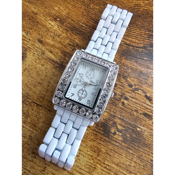 Vintage Y2K Breda Womens White Chainlink Watch Rhinestone Rectangular Face - Picture 2 of 4